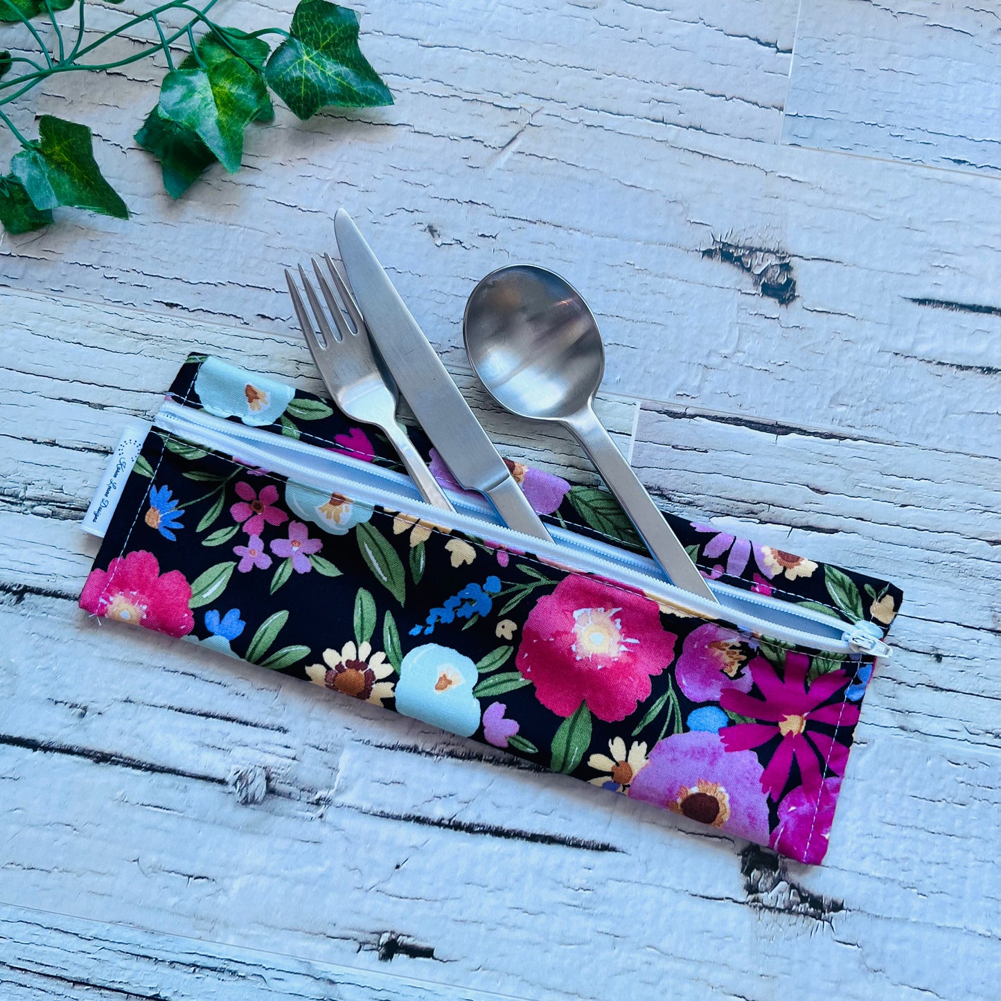 Black Floral Cutlery/Travel Bag